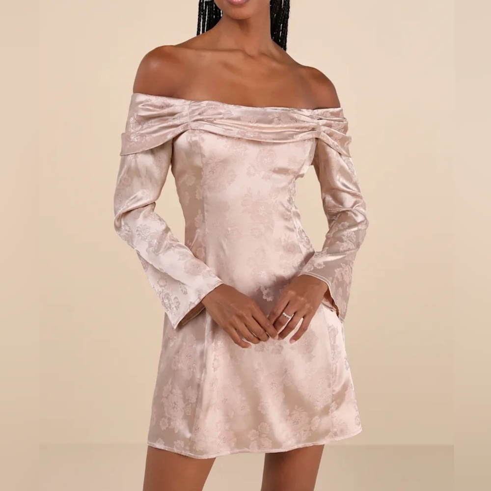 Truly Yours Blush Satin Jacquard Off-the-Shoulder Mini Dress